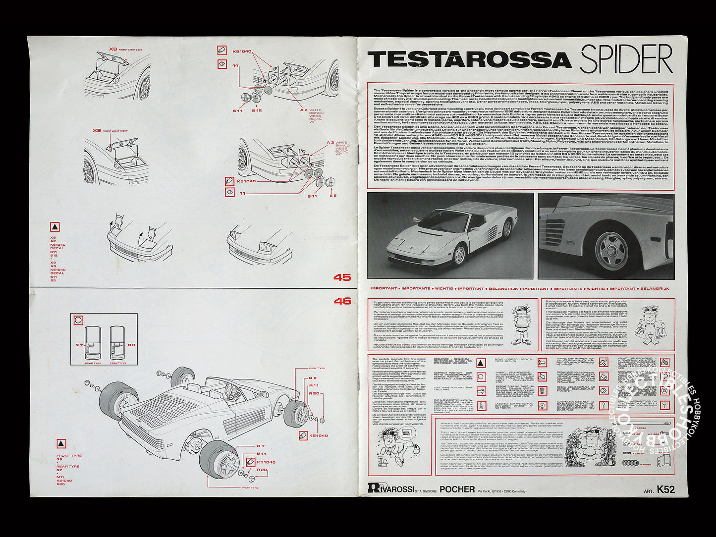 Pocher Rivarossi 1/8 Ferrari Testarossa Spider Metal Body K52 White Color Plastic Model Kit