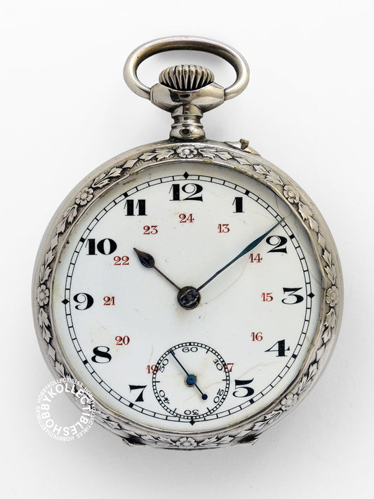 Silver Decorative Open Face Cylinder Pocket Watch Need Service