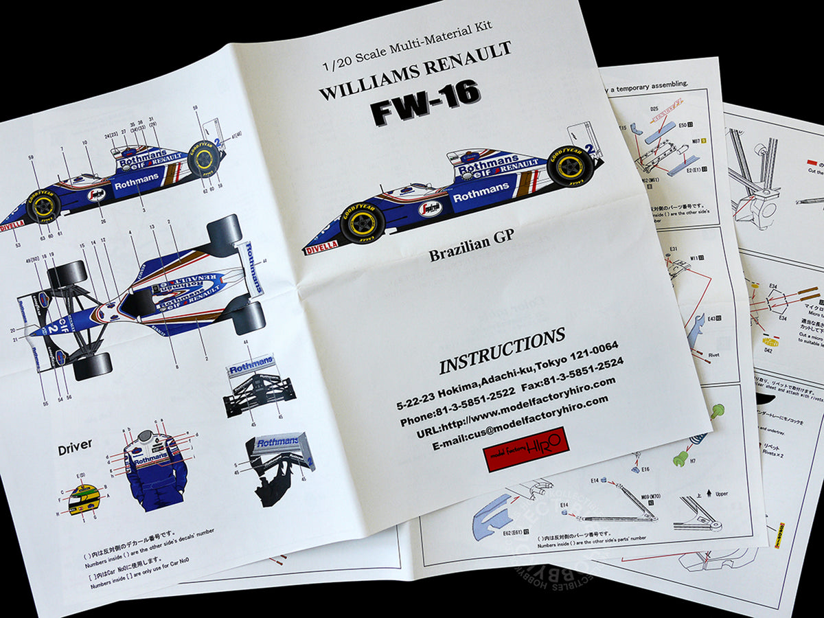 Model Factory Hiro MFH 1/20 scale FW16 Brazil GP full detail model Kit K-105 instruction manual front 3 pages