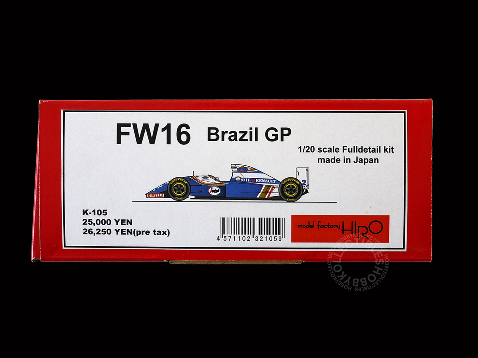 Model Factory Hiro MFH 1/20 scale FW16 Brazil GP full detail model Kit K-105 box  front view, with FW16 drwing art.