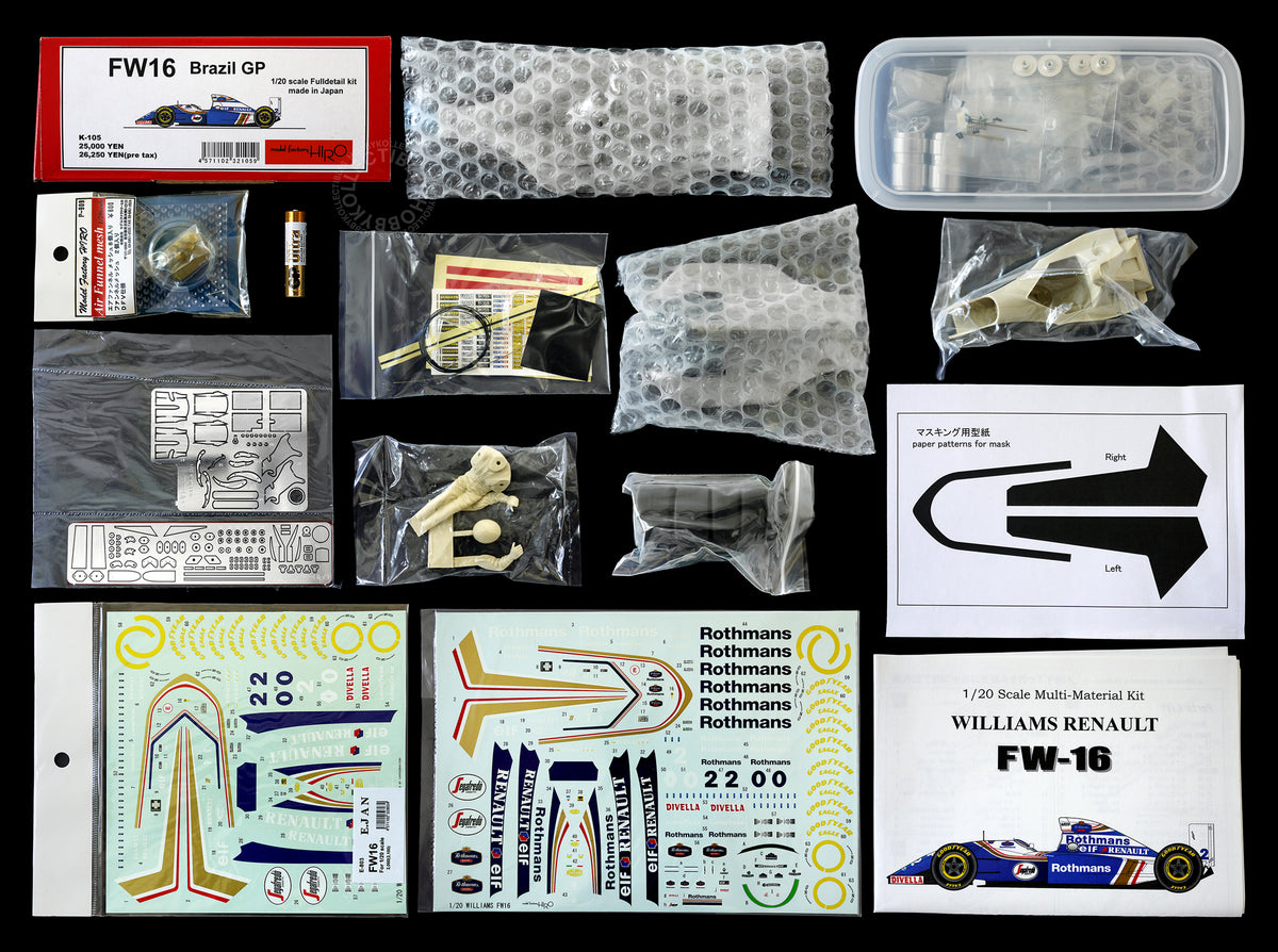 Model Factory Hiro MFH 1/20 scale for a Williams Renault FW-16 Formula 1 car, laid out on a black background. The kit includes a red and white FW16 Brazil GP box, a clear plastic tray of small parts, bubble wrap, plastic bags of components, decals, and instruction sheets.