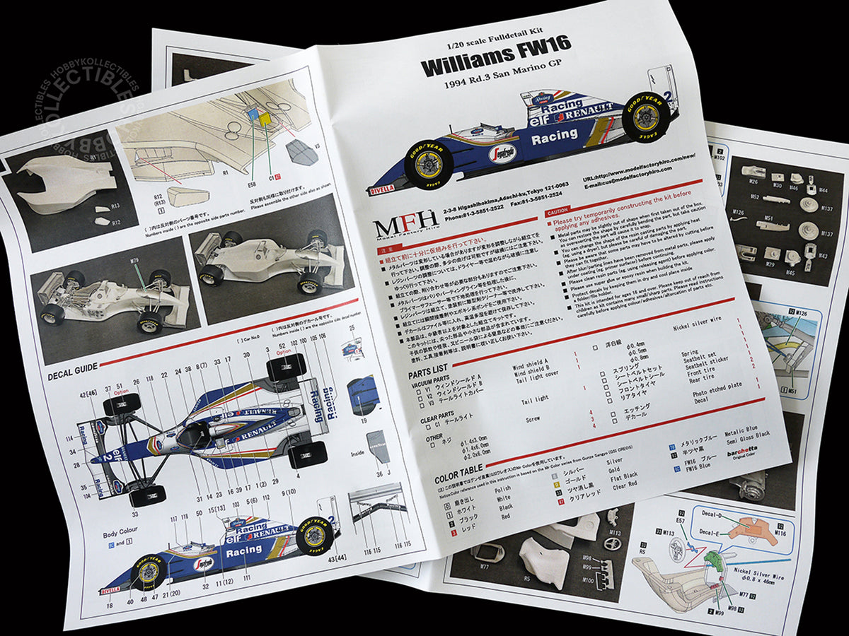 MFH 1/20 Williams FW16 1994 San Marino GP Ayrton Senna Full Detail Model Kit K731