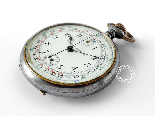 Swiss Gun Metal Open Face Chronograph Pocket Watch Need REPAIR