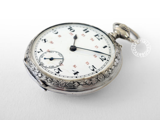 Silver Decorative Open Face Cylinder Pocket Watch Need Service