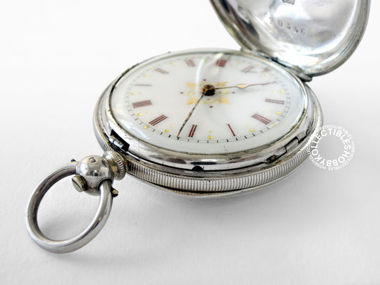 Silver Hunter Fancy Enamel Dial Cylinder Pocket Watch Crack Dial