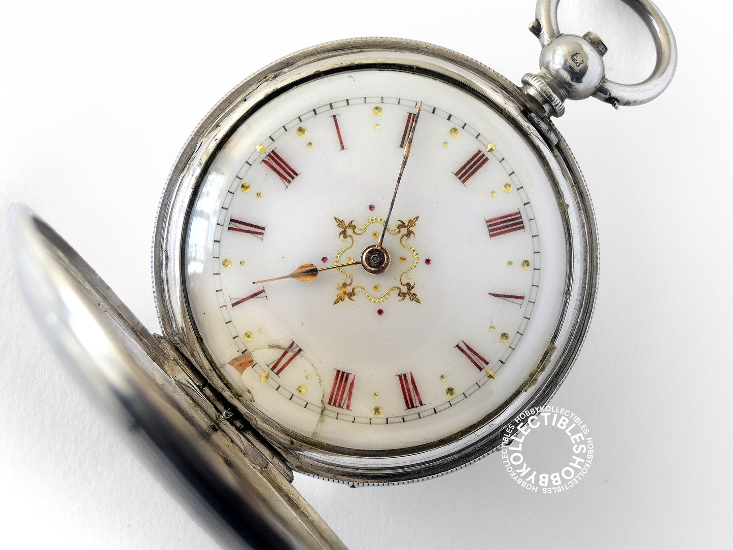 Silver Hunter Fancy Enamel Dial Cylinder Pocket Watch Crack Dial
