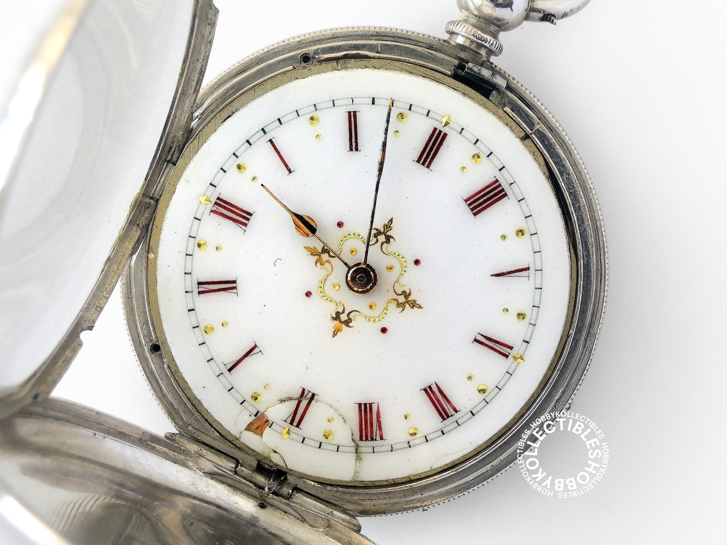 Silver Hunter Fancy Enamel Dial Cylinder Pocket Watch Crack Dial