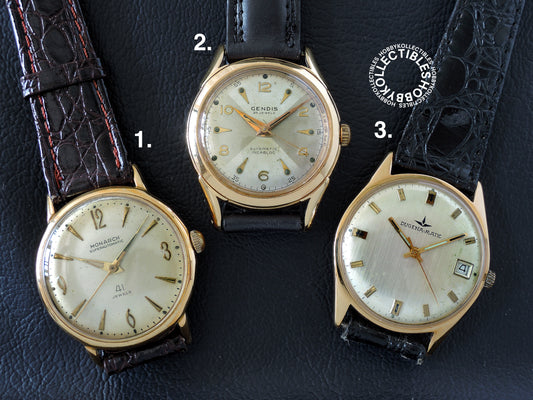 (SOLD) Lot(E) of 3 Vintage Wrist Watch Dugena-Matic Gendis Monarch NEED SERVICE